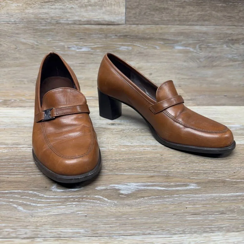 Etienne Aigner Napoleon Brown Leather Slip On Heels Women's Size 7 - Picture 6 of 7